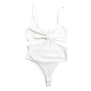 Audrey 3 + 1 White Ribbed Cutout Bodysuit Size Medium